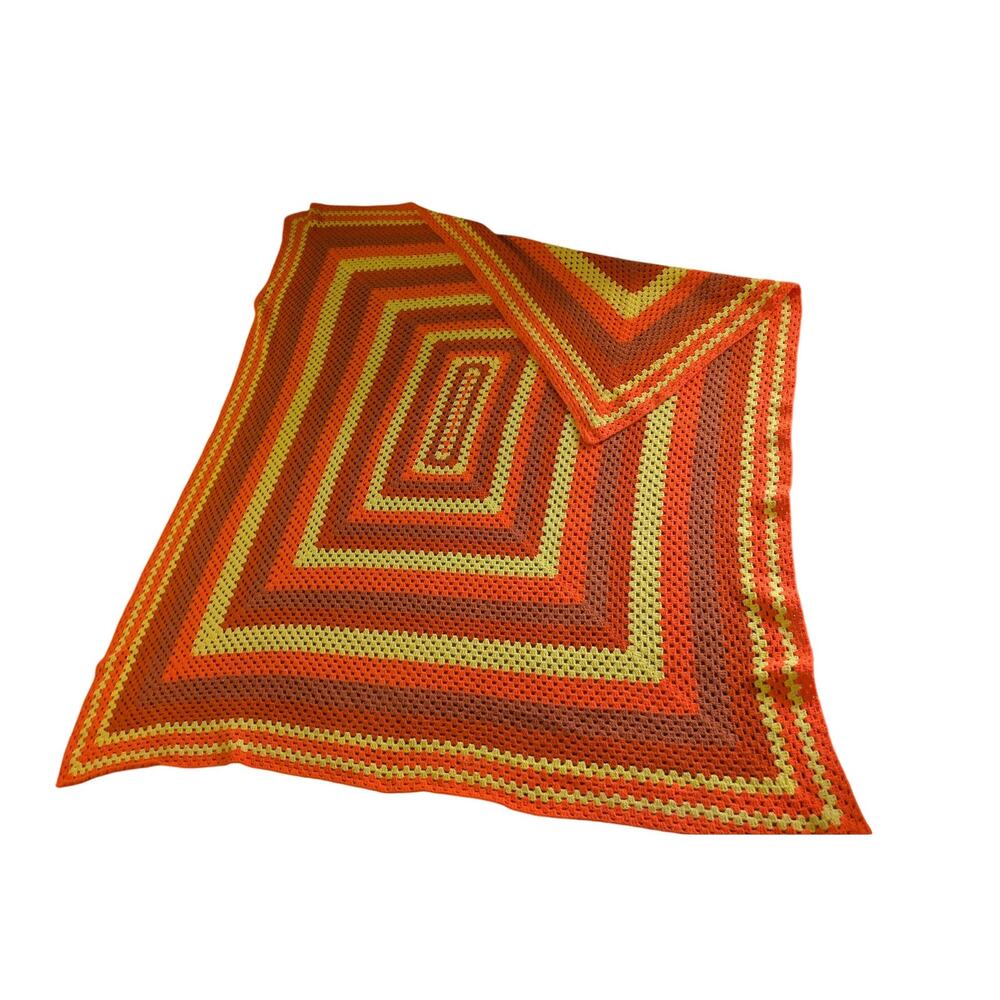70s Crochet Bright Orange Afghan Knitted Blanket Handmade Vintage 70X77in